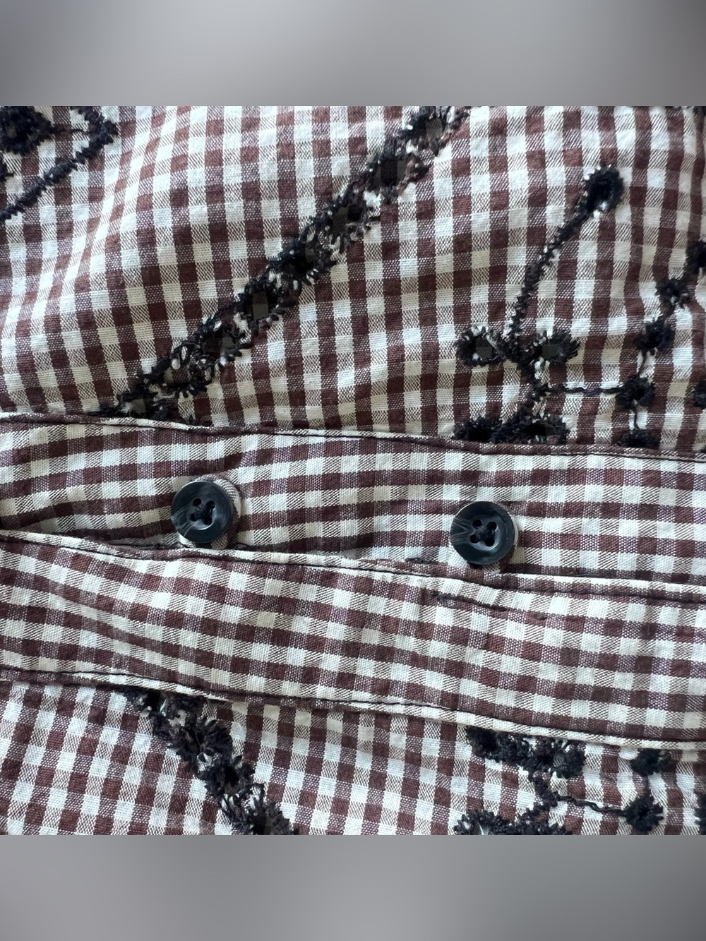 Anthro Pilcro Keira Gingham Blouse
Brown/White w Black Embroidered Eyelet M NWOT - Picture 9 of 12